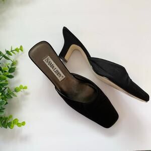 Vintage Sam and Libby Kitten Heel Square Toe Mule Leather Sole Shoes sz 9 Black
